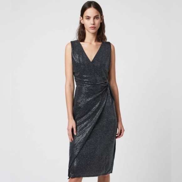 AllSaints Womens Allegra Faux Wrap Shimmer Sheath Dress Party Cocktail Size 6 - Picture 1 of 8